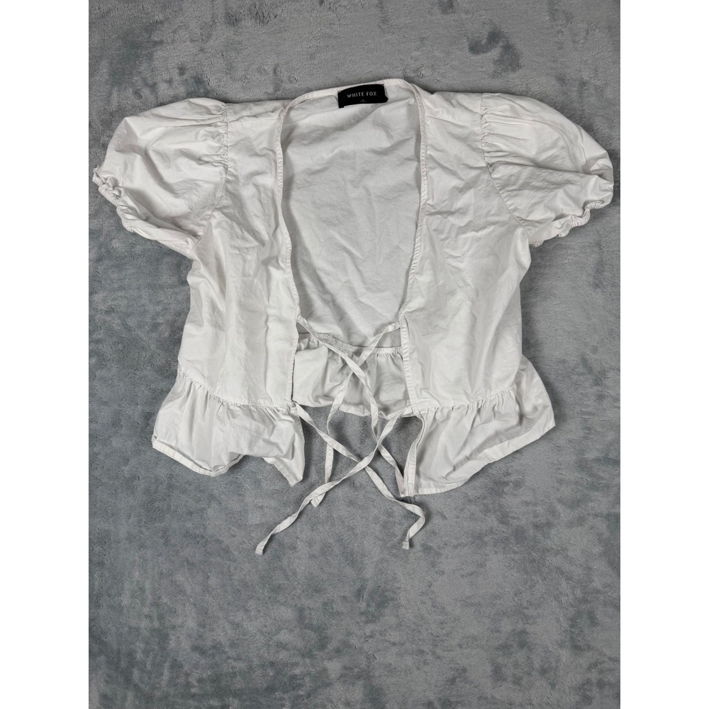 White Fox Boutique Womens White Cotton Tie Front Puff Sleeve Ruffle Crop Top S